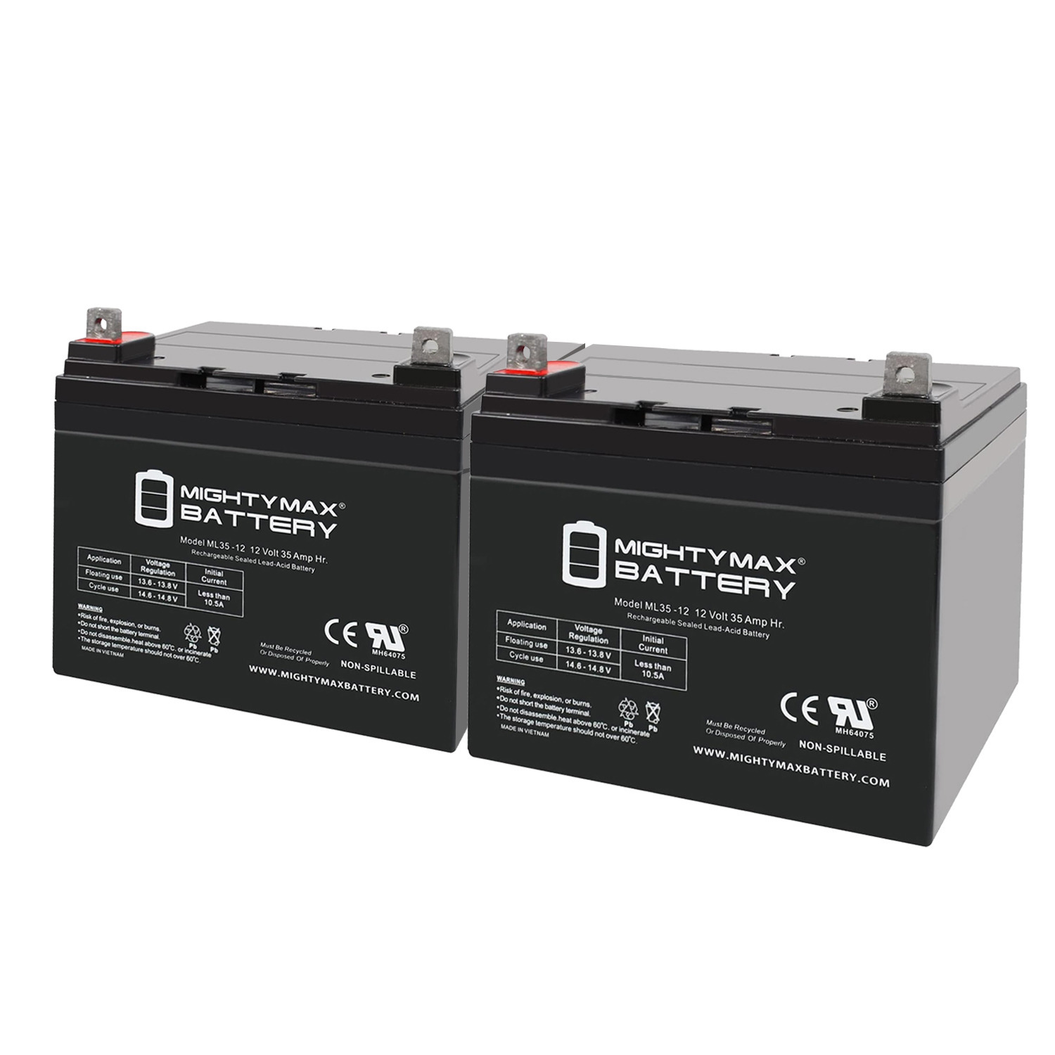 12V 35AH Sealed Lead Acid Battery - T3 Terminals - for ZB-12-35 - 2 Pack
