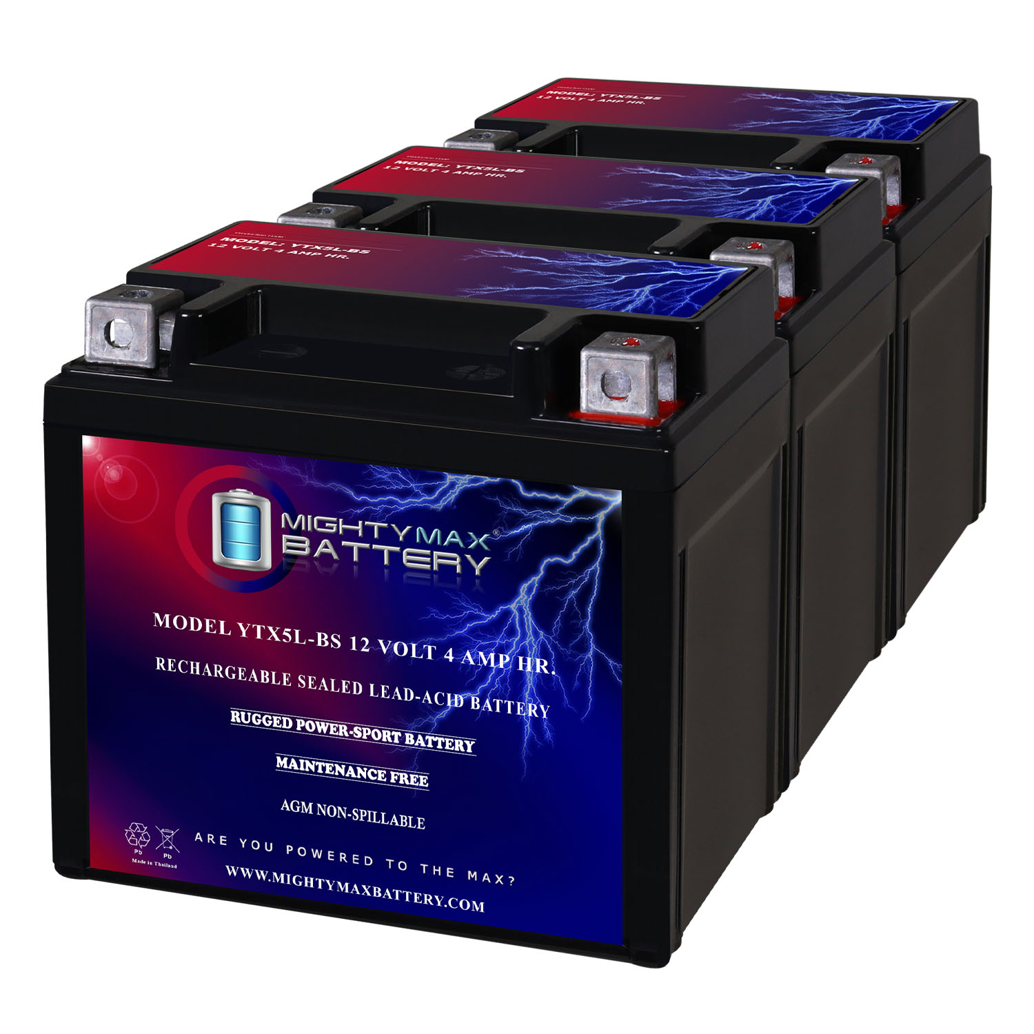 YTX5L-BS Replacement for 1993-09 Elite Motorcycle AGM Battery - 3 Pack