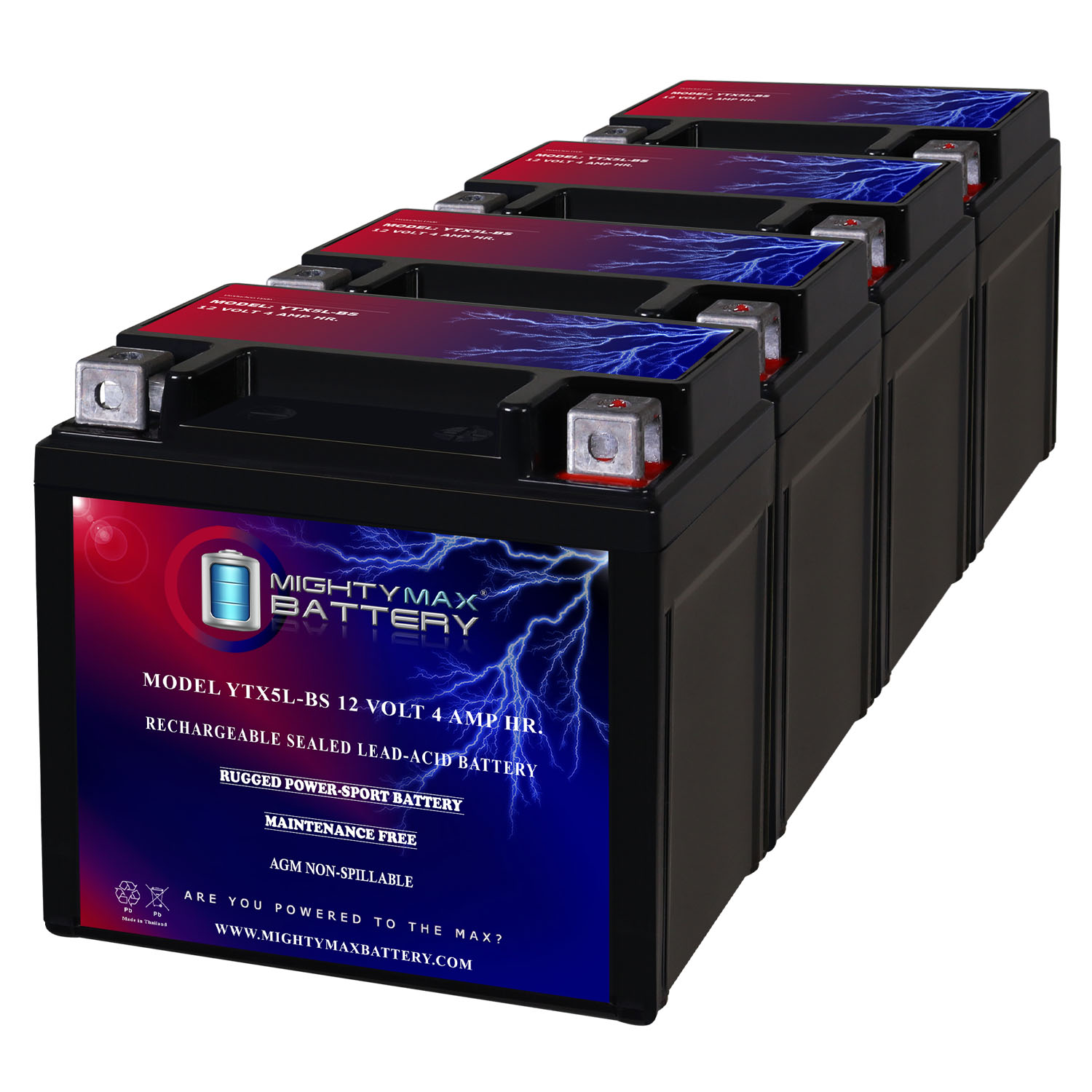 YTX5L-BS Replacement for 1993-09 Elite Motorcycle AGM Battery - 4 Pack