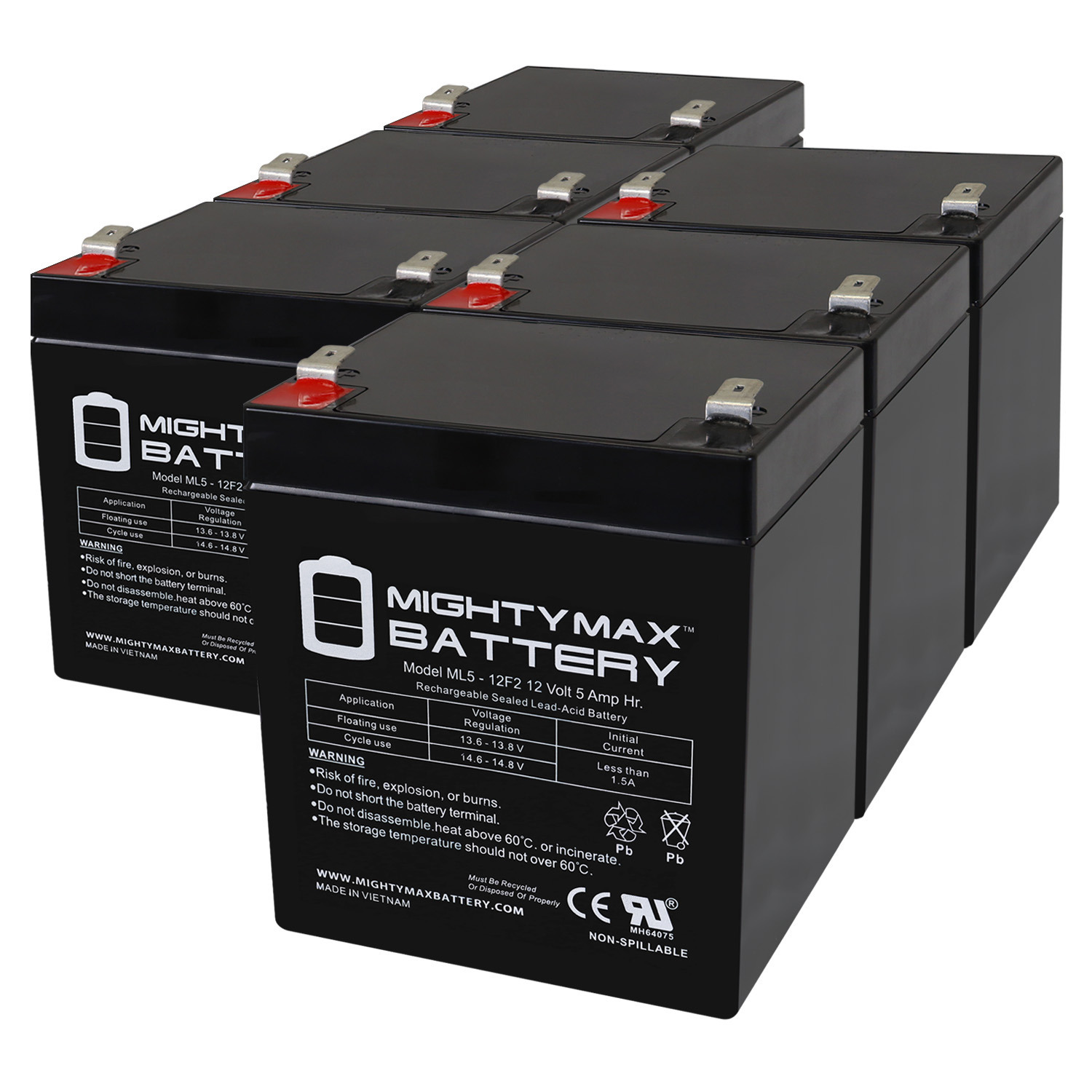 12V 5Ah F2 SLA Replacement Battery for Hopkins HM20008 - 6 Pack