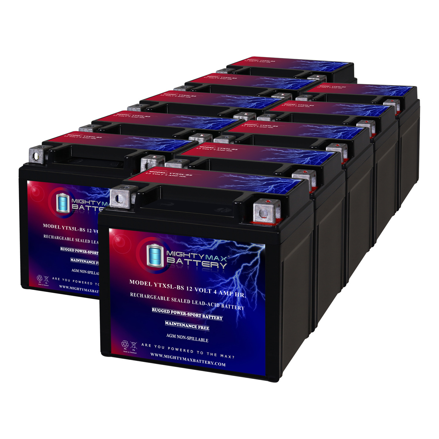 YTX5L-BS MOTORCYCLE BATTERY REPLACEMENT - 12V 4AH - 80 CCA - 10 PACK