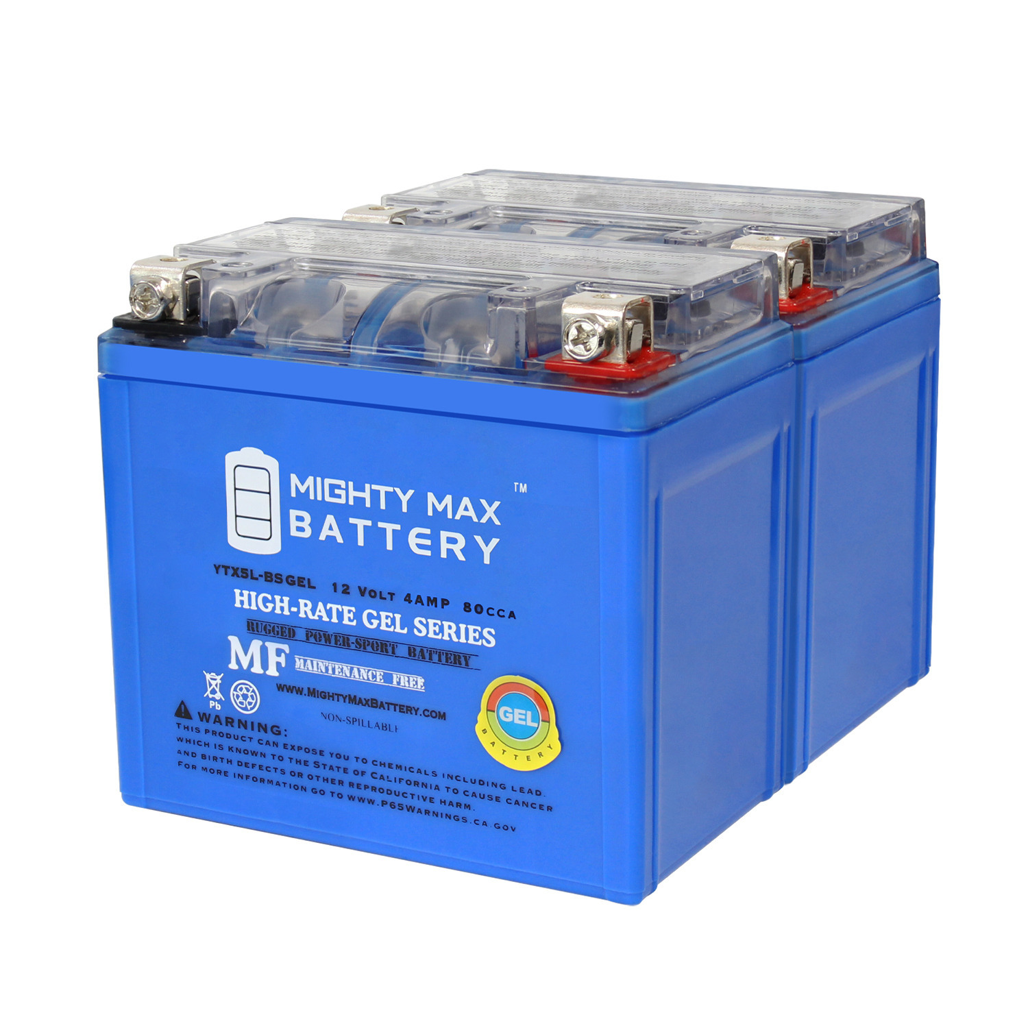 YTX5L-BS GEL Motorcycle Battery Replacement - 12V 4AH 80 CCA - 2 Pack