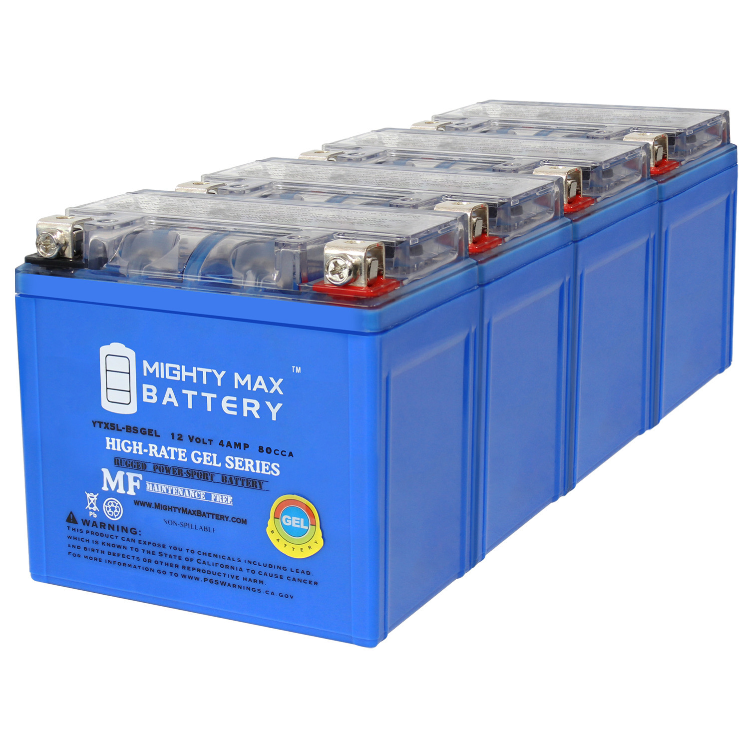 YTX5L-BS GEL Motorcycle Battery Replacement - 12V 4AH 80 CCA - 4 Pack