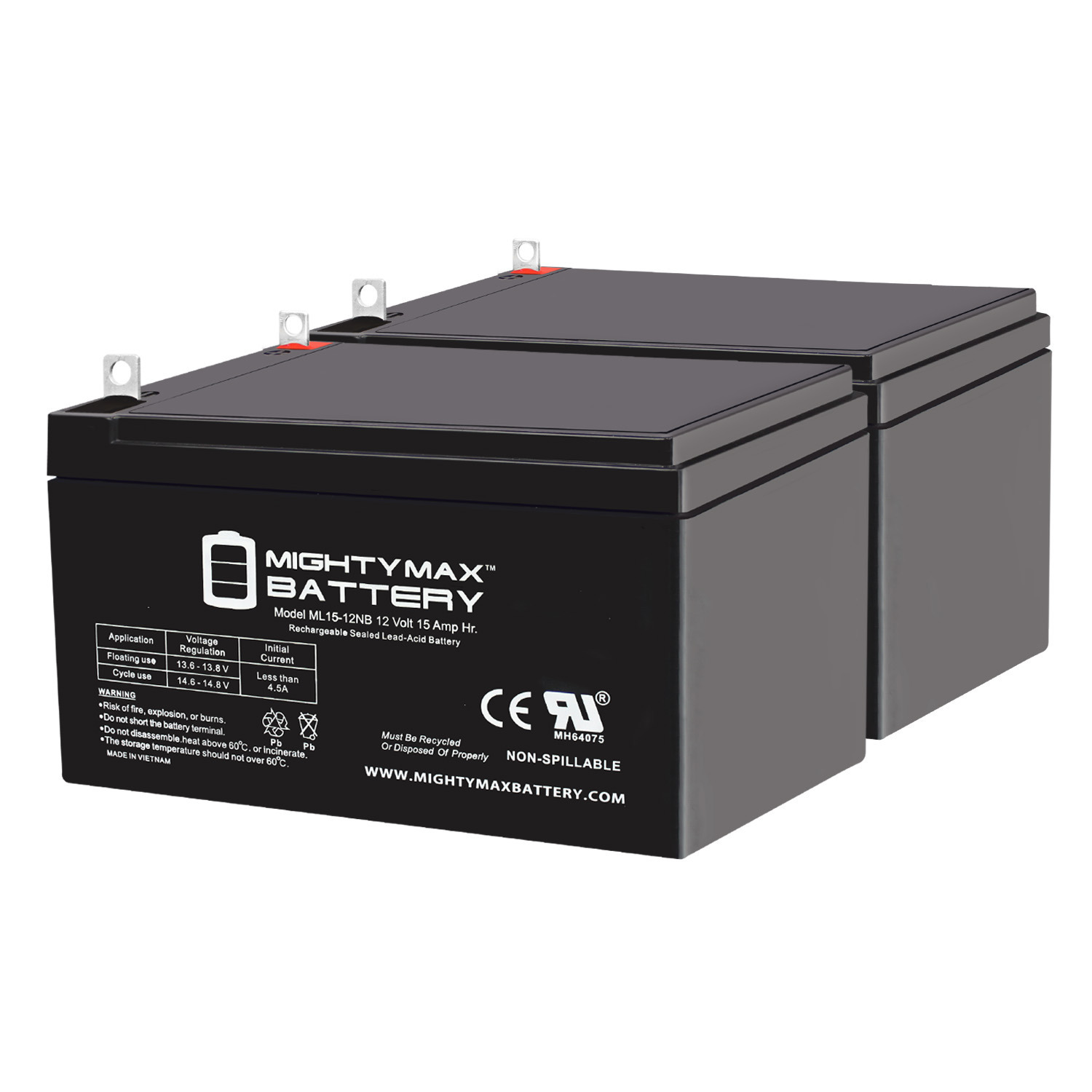 ML15-12NB - 12 Volt 15 AH, NB Terminal, Rechargeable SLA AGM Battery - 2 Pack