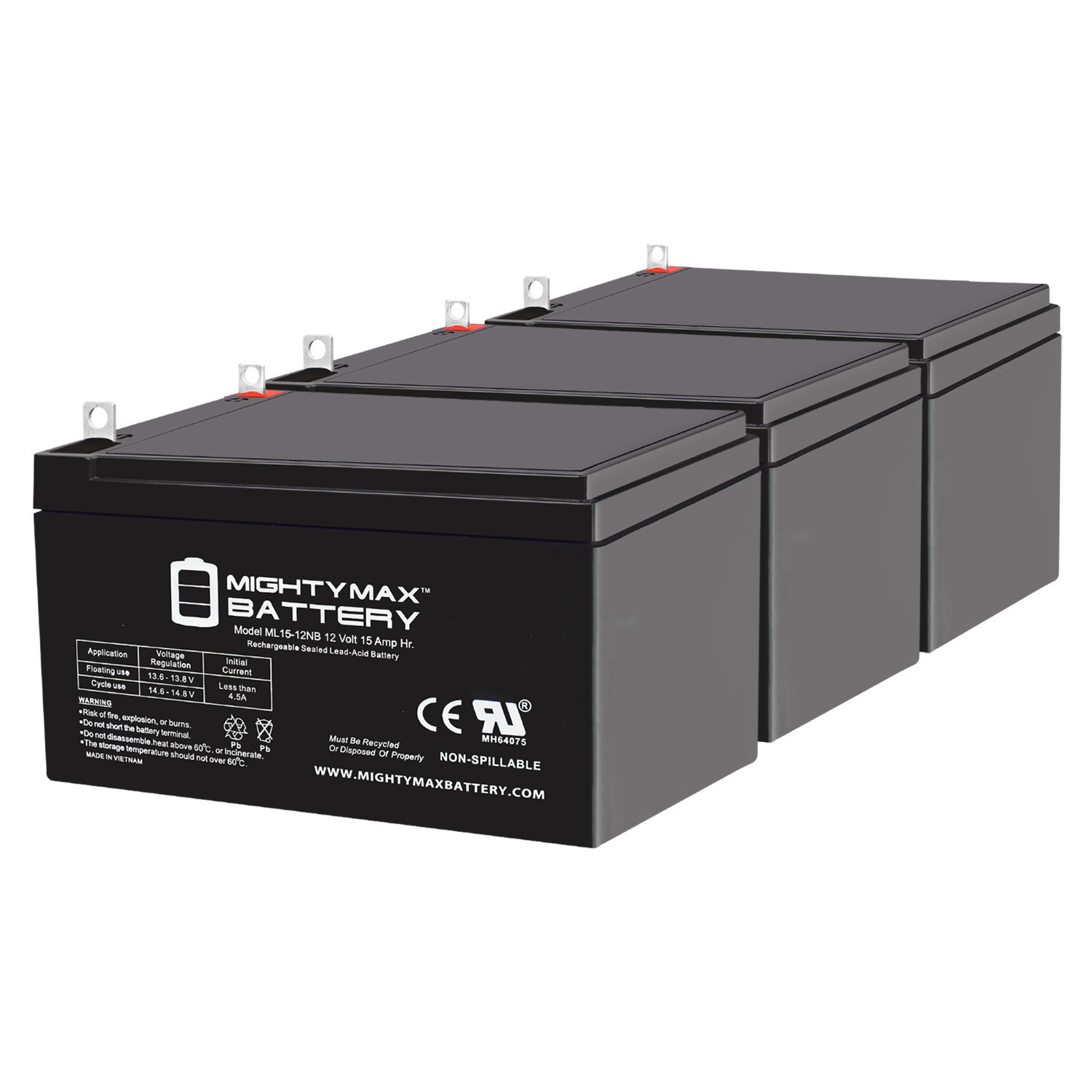 ML15-12NB - 12 Volt 15 AH, NB Terminal, Rechargeable SLA AGM Battery - 3 Pack