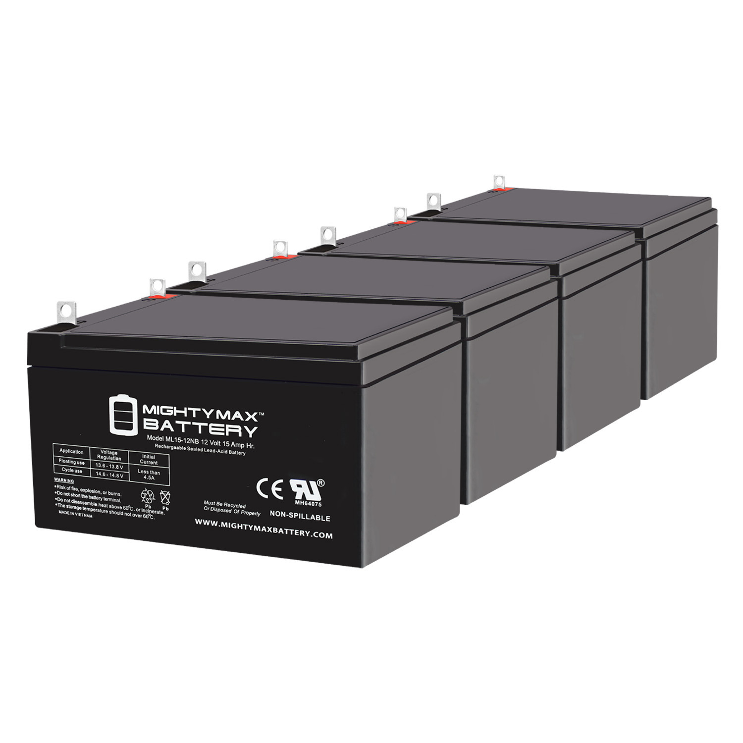 ML15-12NB - 12 Volt 15 AH, NB Terminal, Rechargeable SLA AGM Battery - 4 Pack