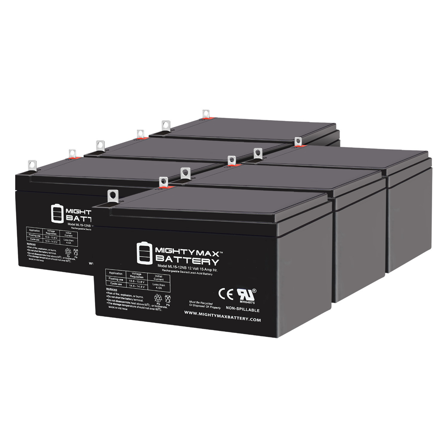 ML15-12NB - 12 Volt 15 AH, NB Terminal, Rechargeable SLA AGM Battery - 6 Pack