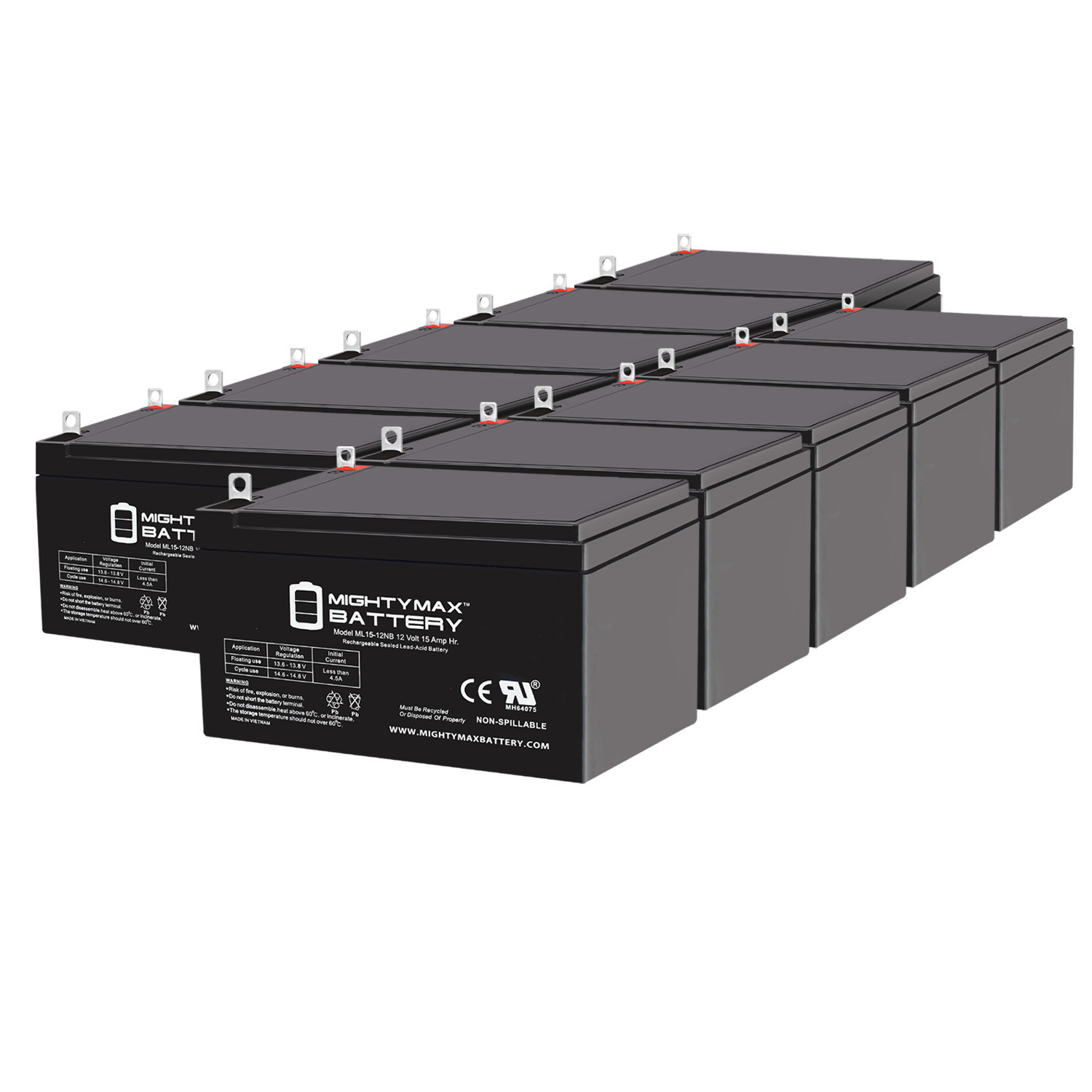 ML15-12NB - 12 Volt 15 AH, NB Terminal, Rechargeable SLA AGM Battery - 10 Pack